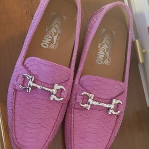 Salvatore Ferragamo Pink Python  Bit Loafers. Exotic